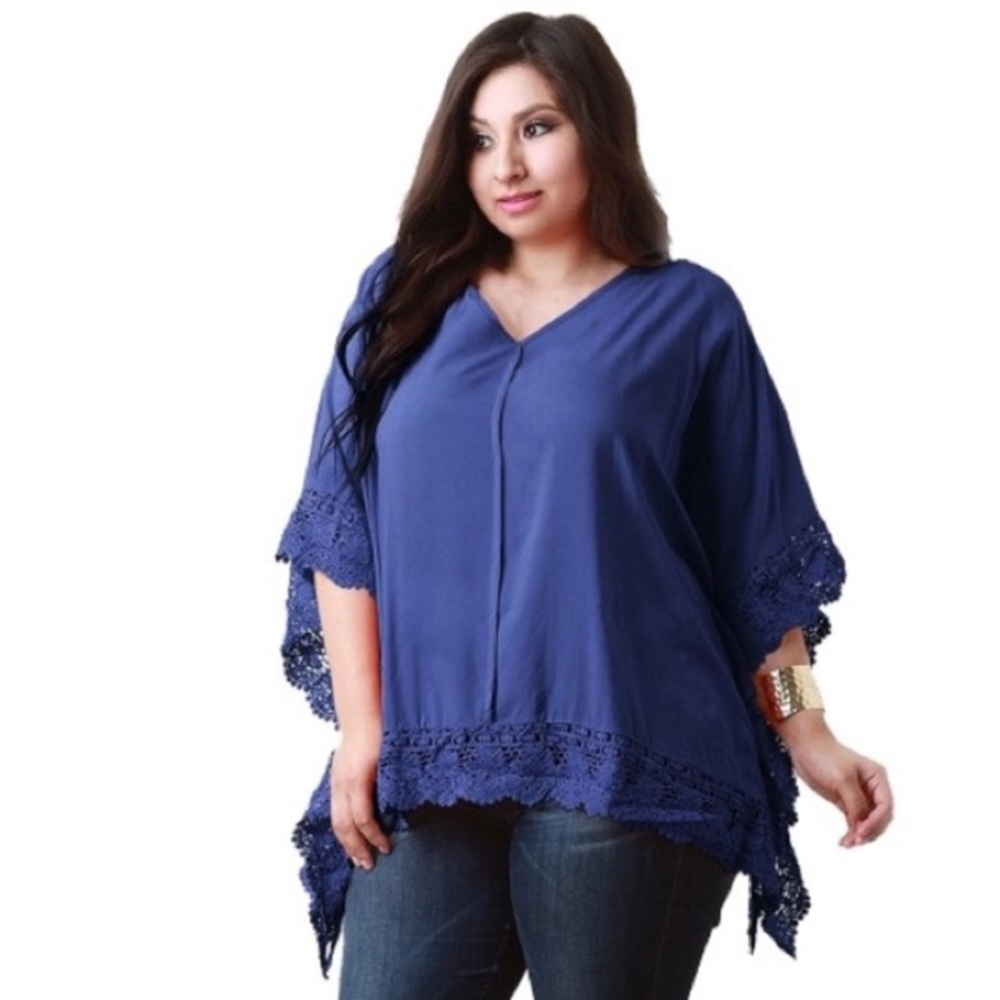 Violet Blue Crochet Lace Trim Batwing Blouse - Picture 2 of 7